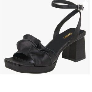 Pazzion Black Platform Square Toe Pleated Ruffle Sandal Block High Heel Shoes